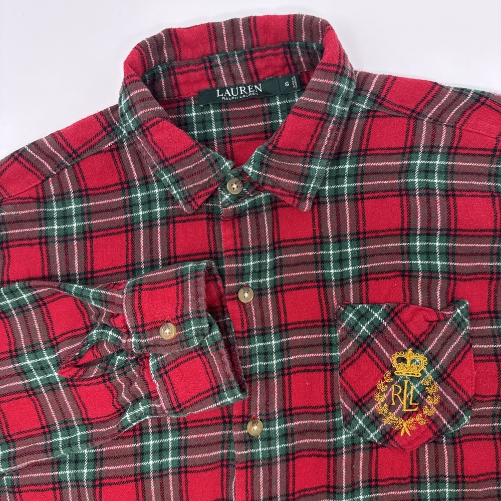Lauren Ralph Lauren Womens Red Green Plaid Flannel Crest Button Down Shirt S